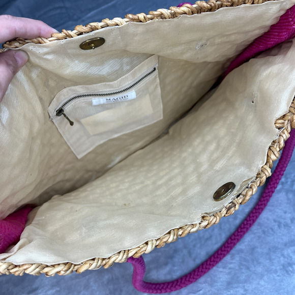 Vintage Magid Straw Wicker Woven Tote Bag Magenta Strap Beach Made in Italy - Picture 5 of 12